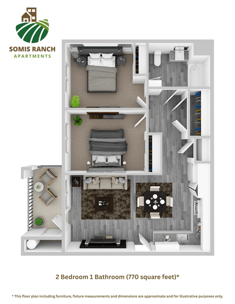 Floor plan for 2 beds, 1 bath, 770 sqft